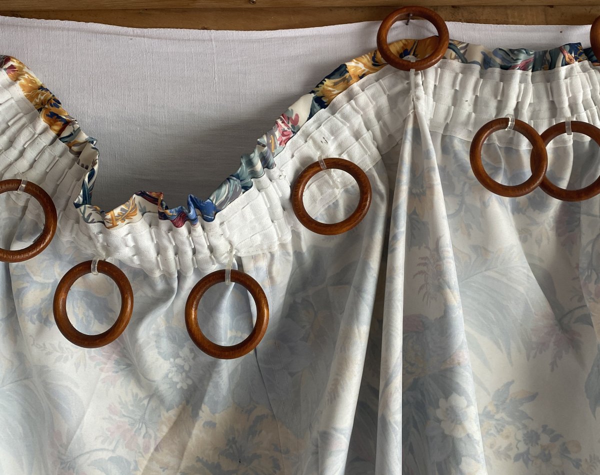 4 Pairs Of Antique Curtains Decorated With Birds And Large Flowers -photo-3