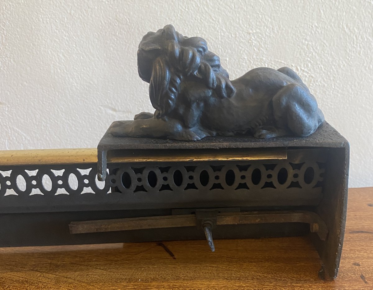 19th Century Cast Iron And Brass Fireplace Or Hearth Bar With Lions And Fleur-de-lis-photo-4