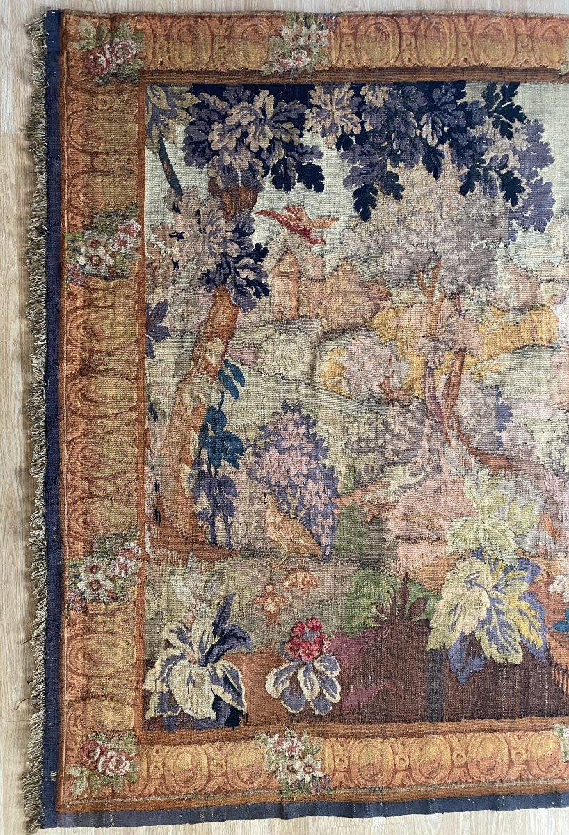 Aubusson Tapestry With A Decoration Of Greenery, Birds, Ramparts And An 18th-century Village-photo-2