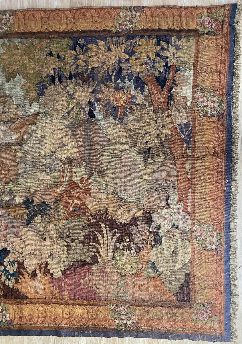 Aubusson Tapestry With A Decoration Of Greenery, Birds, Ramparts And An 18th-century Village-photo-3