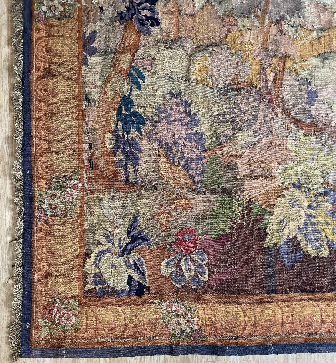 Aubusson Tapestry With A Decoration Of Greenery, Birds, Ramparts And An 18th-century Village-photo-1