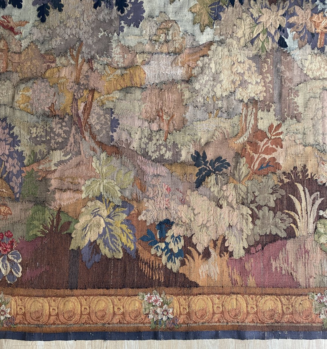 Aubusson Tapestry With A Decoration Of Greenery, Birds, Ramparts And An 18th-century Village-photo-2