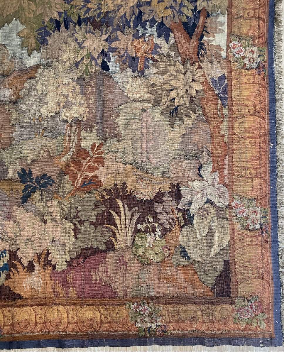 Aubusson Tapestry With A Decoration Of Greenery, Birds, Ramparts And An 18th-century Village-photo-3