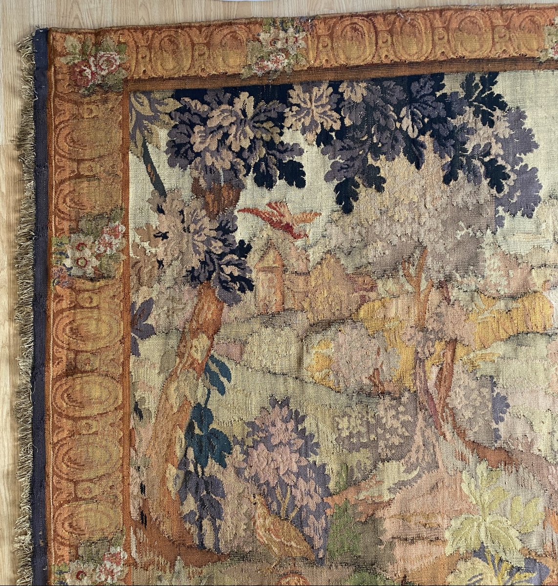 Aubusson Tapestry With A Decoration Of Greenery, Birds, Ramparts And An 18th-century Village-photo-4
