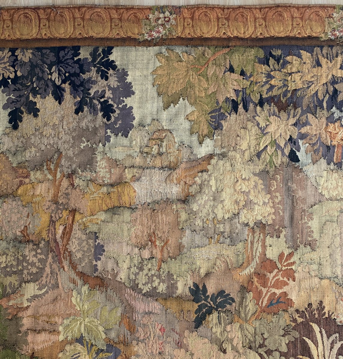 Aubusson Tapestry With A Decoration Of Greenery, Birds, Ramparts And An 18th-century Village-photo-5