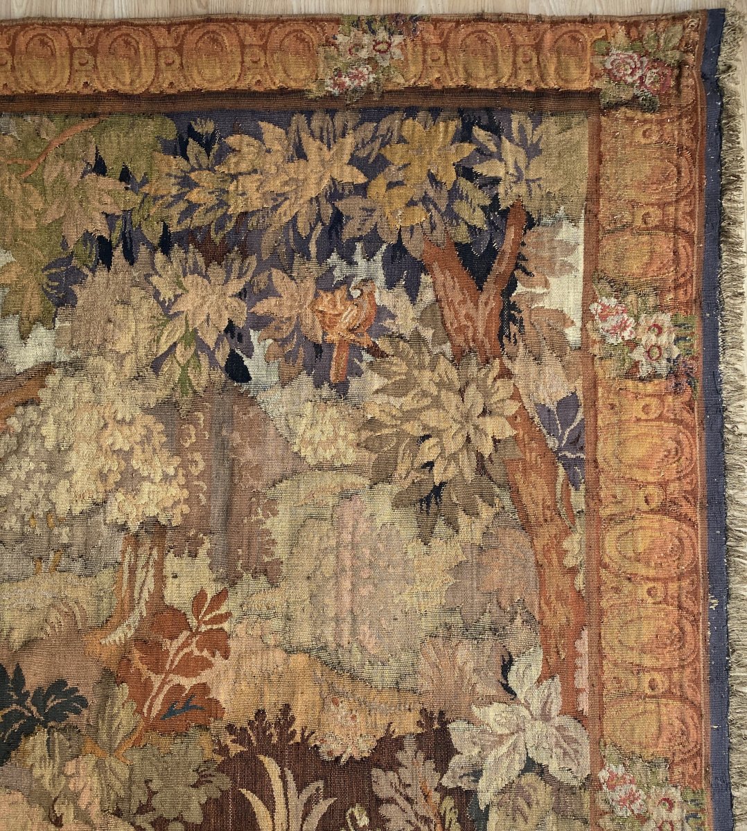 Aubusson Tapestry With A Decoration Of Greenery, Birds, Ramparts And An 18th-century Village-photo-6