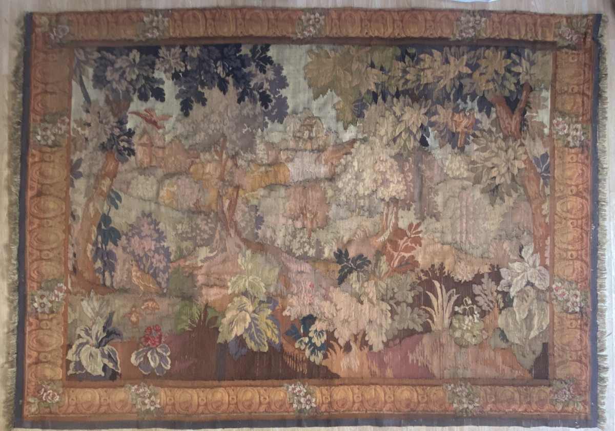 Aubusson Tapestry With A Decoration Of Greenery, Birds, Ramparts And An 18th-century Village