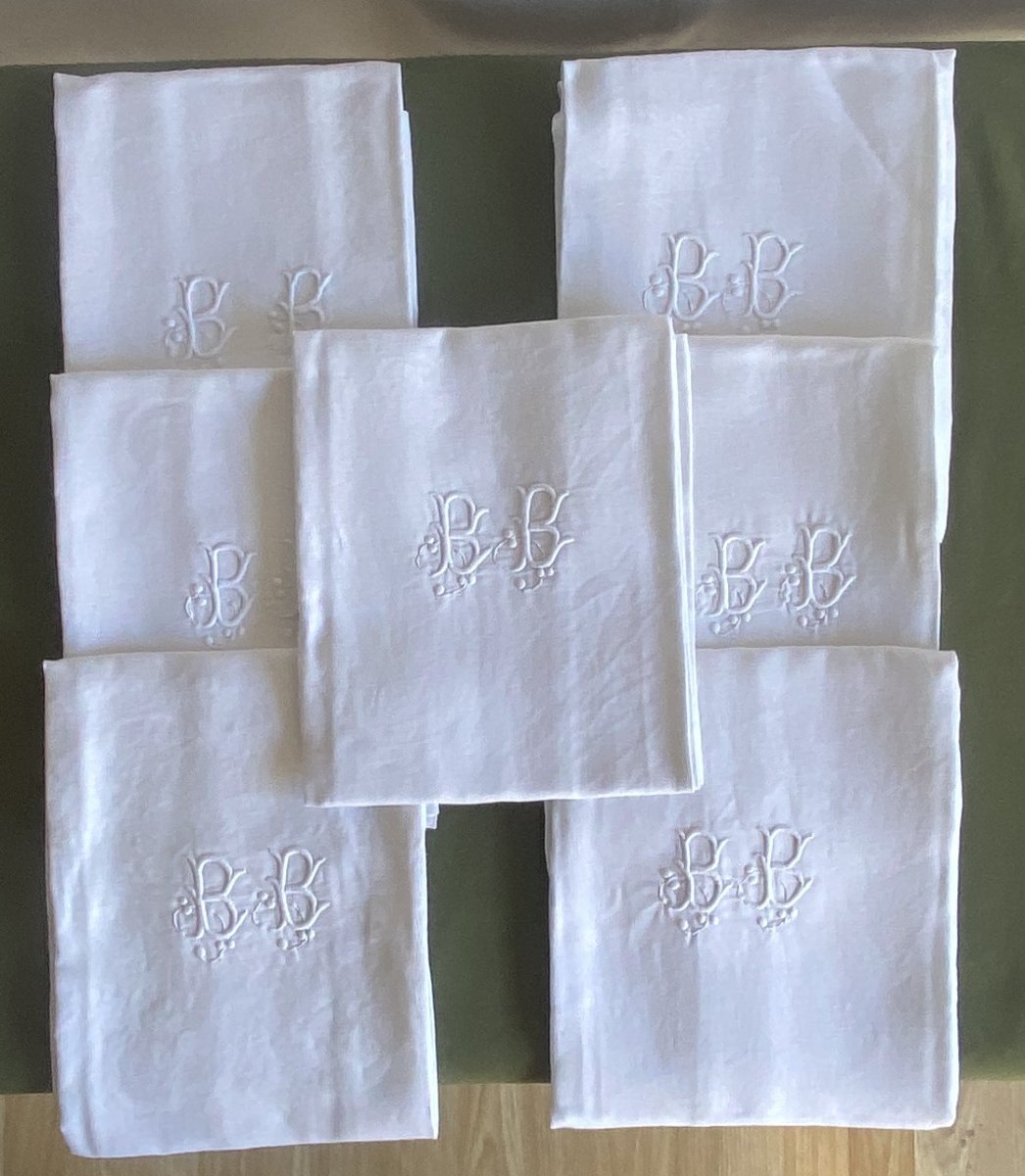 7 Antique Damask Linen Napkins – Monogrammed Bb – Art Nouveau-photo-2