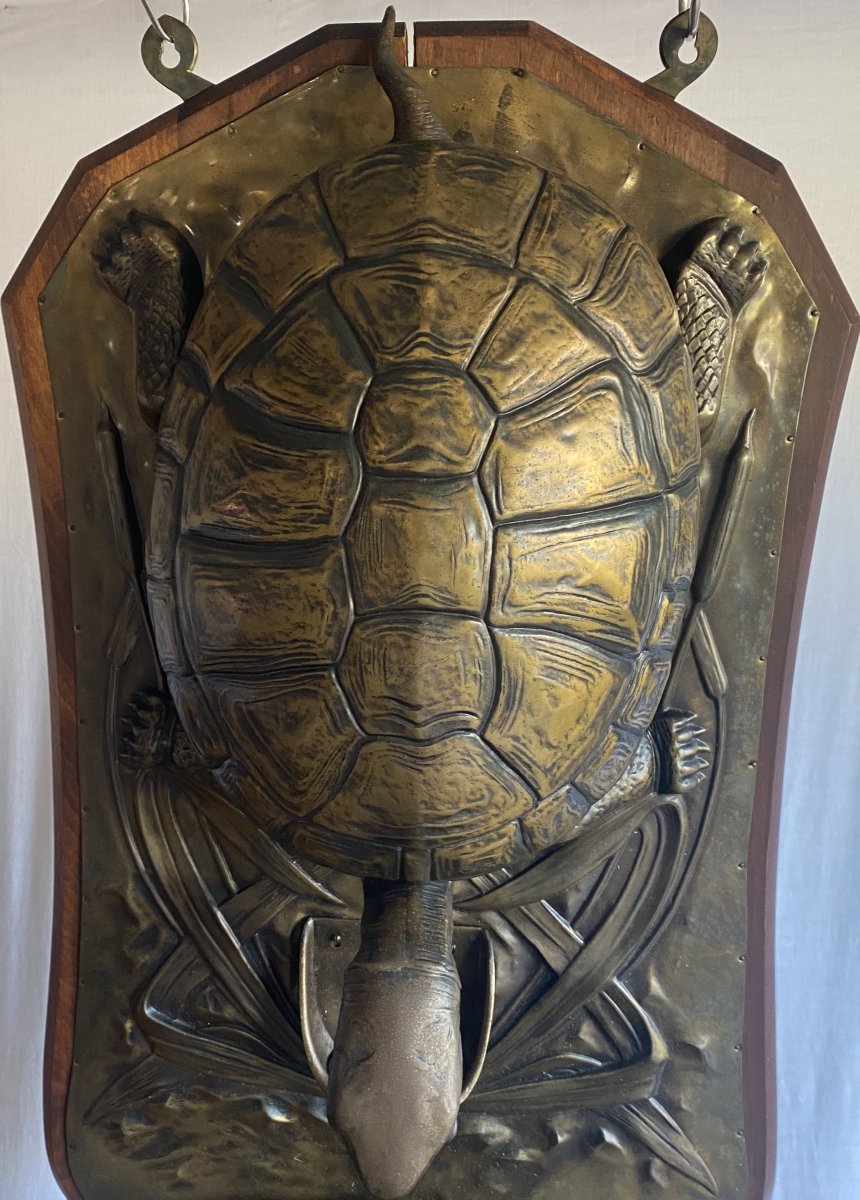 Art Nouveau Brass Wall Fountain With Turtle And Water Lily, 19th Century-photo-2