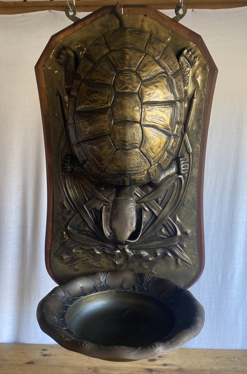 Art Nouveau Brass Wall Fountain With Turtle And Water Lily, 19th Century-photo-4