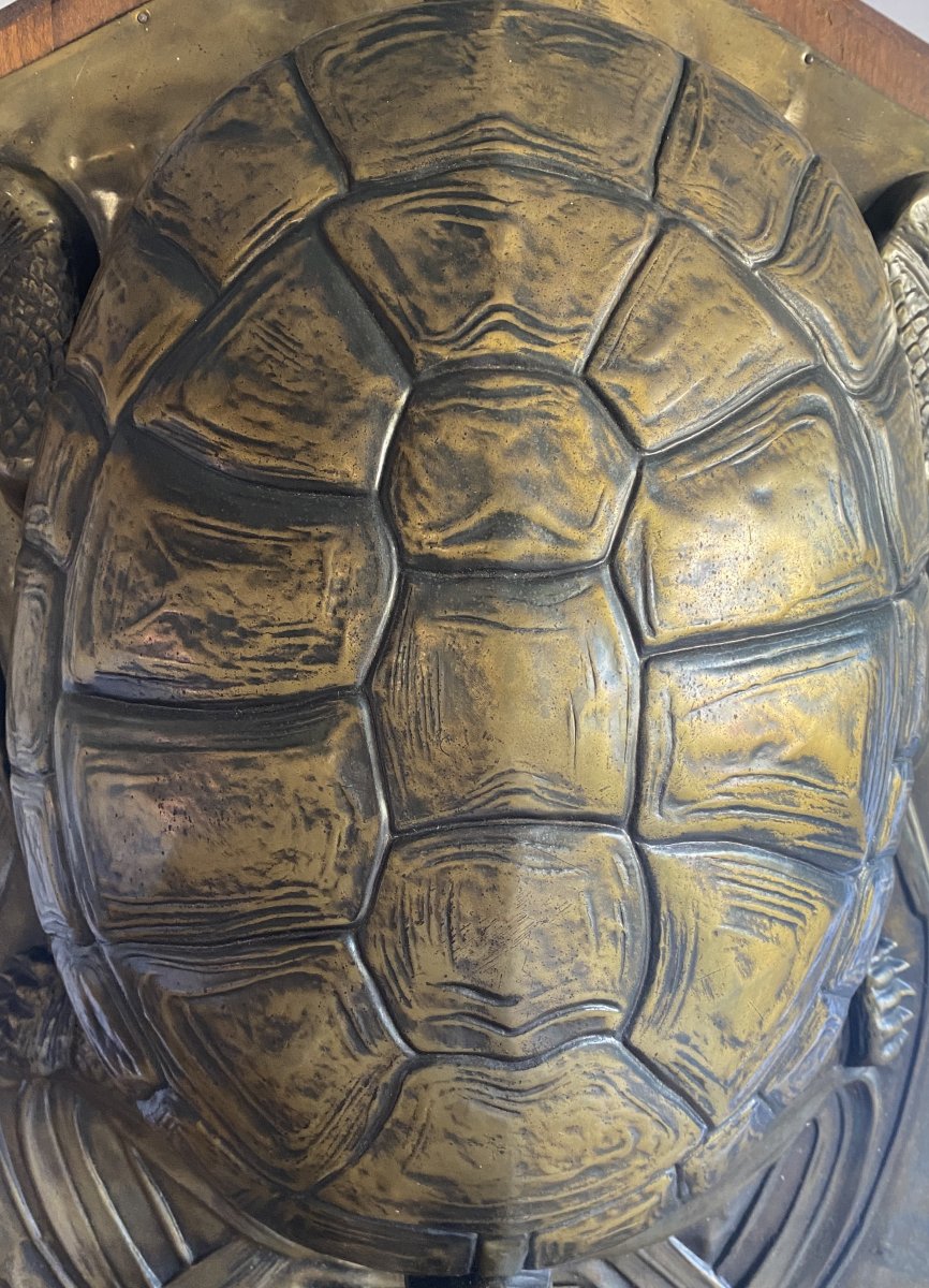 Art Nouveau Brass Wall Fountain With Turtle And Water Lily, 19th Century-photo-4