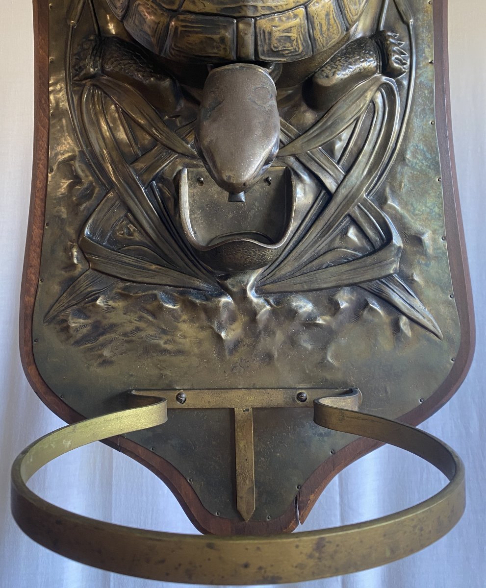 Art Nouveau Brass Wall Fountain With Turtle And Water Lily, 19th Century-photo-5