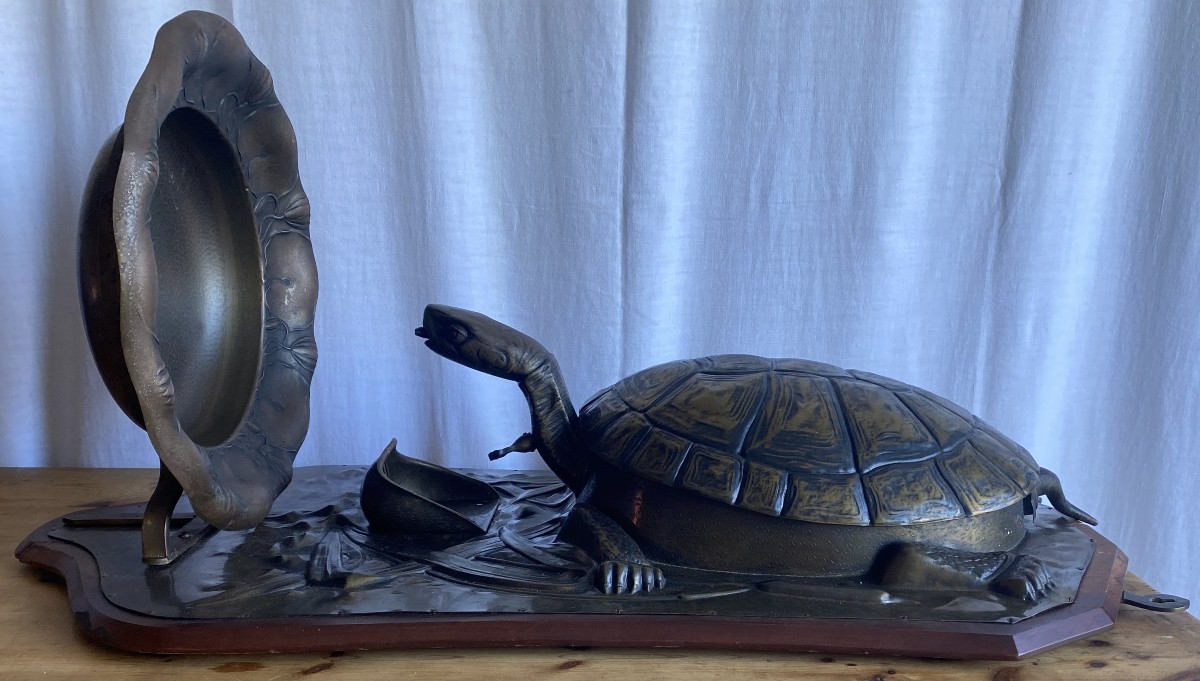 Art Nouveau Brass Wall Fountain With Turtle And Water Lily, 19th Century