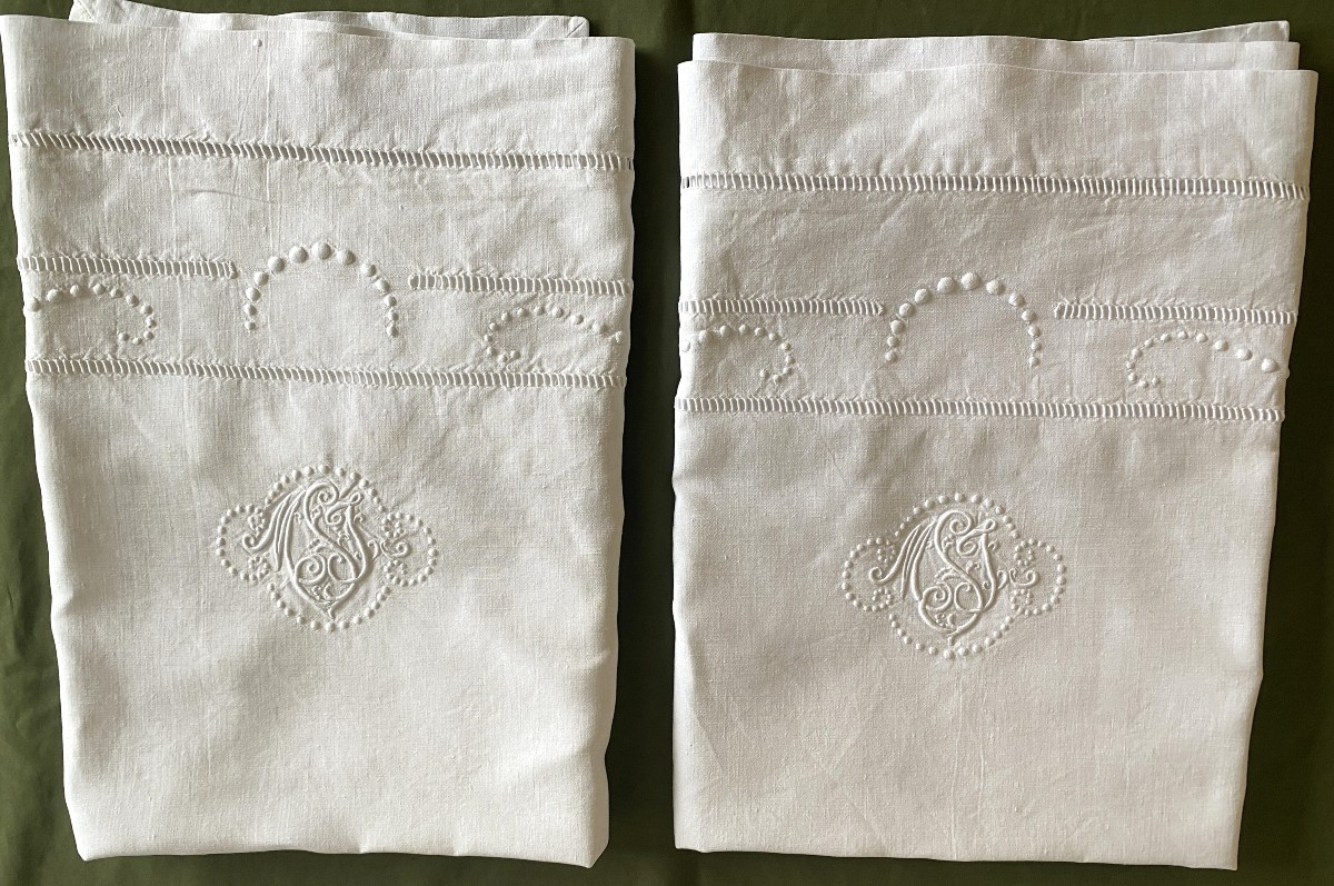 Paire de taies d’oreiller anciennes monogrammées MSJ – fin XIXᵉ siècle-photo-2