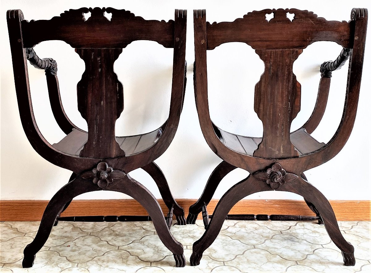  Fauteuils Curules Chinois Sculptées En palissandre  XIX ème-photo-2