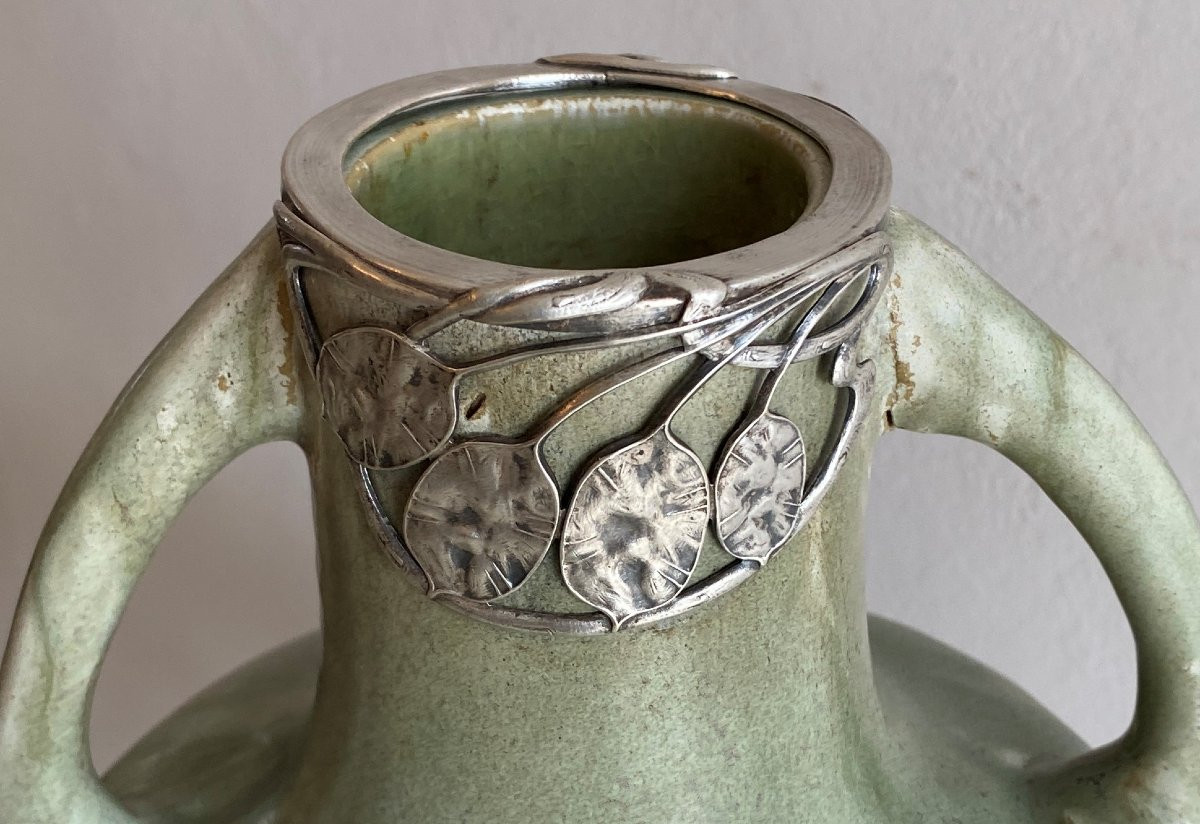 Blache Jaspé Stoneware Vase Set With A Floral Mount In Silvered Metal XX ème-photo-2