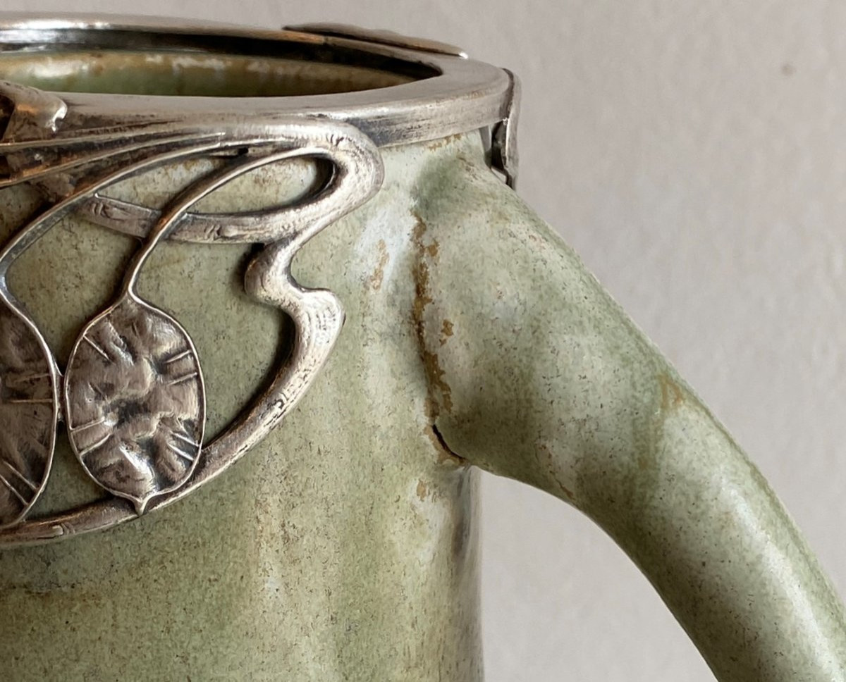 Blache Jaspé Stoneware Vase Set With A Floral Mount In Silvered Metal XX ème-photo-4