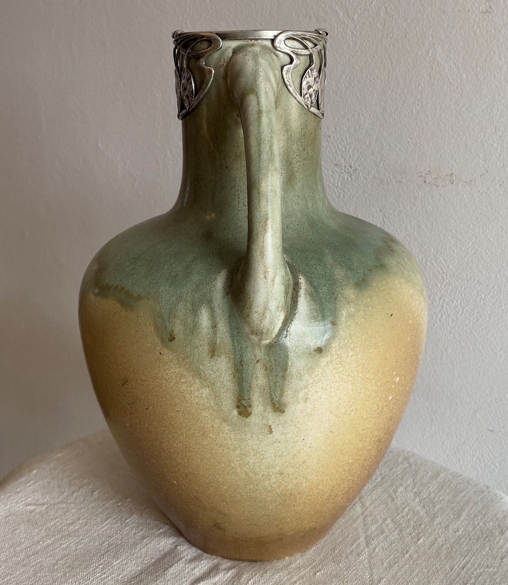Blache Jaspé Stoneware Vase Set With A Floral Mount In Silvered Metal XX ème-photo-1