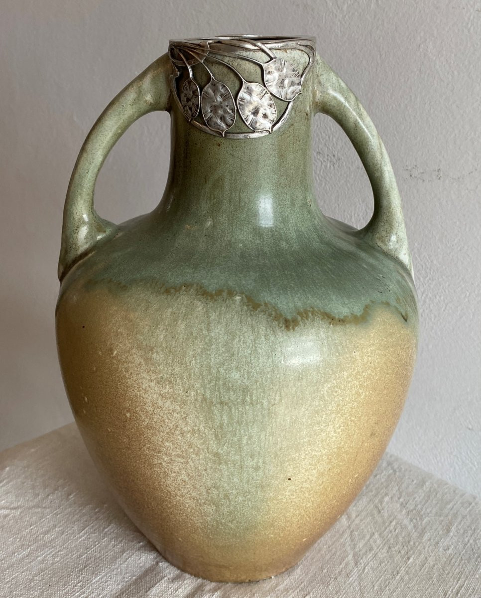 Blache Jaspé Stoneware Vase Set With A Floral Mount In Silvered Metal XX ème-photo-2