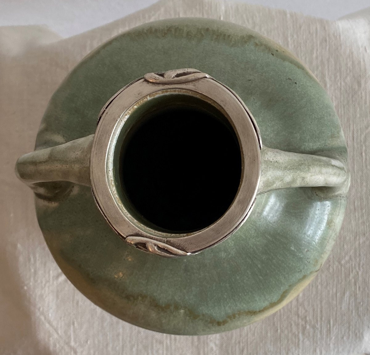 Blache Jaspé Stoneware Vase Set With A Floral Mount In Silvered Metal XX ème-photo-4