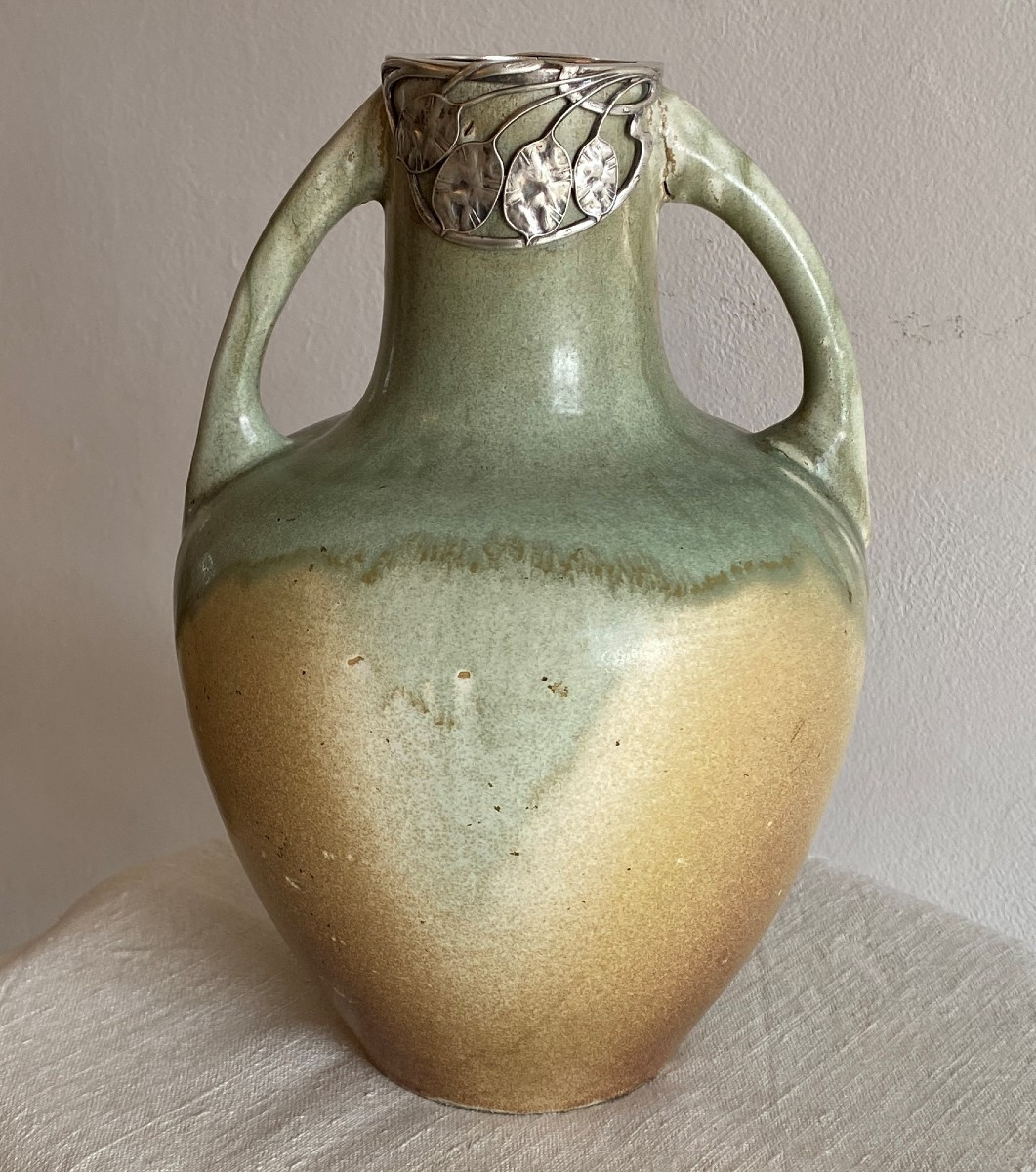 Blache Jaspé Stoneware Vase Set With A Floral Mount In Silvered Metal XX ème