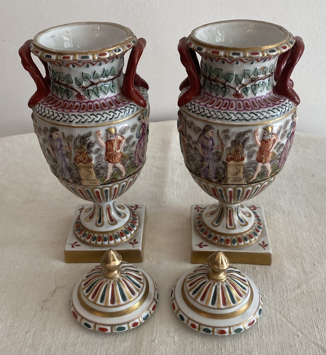 Pair Of Capo Di Monté Covered Vases With Roman Decor 19th C-photo-2