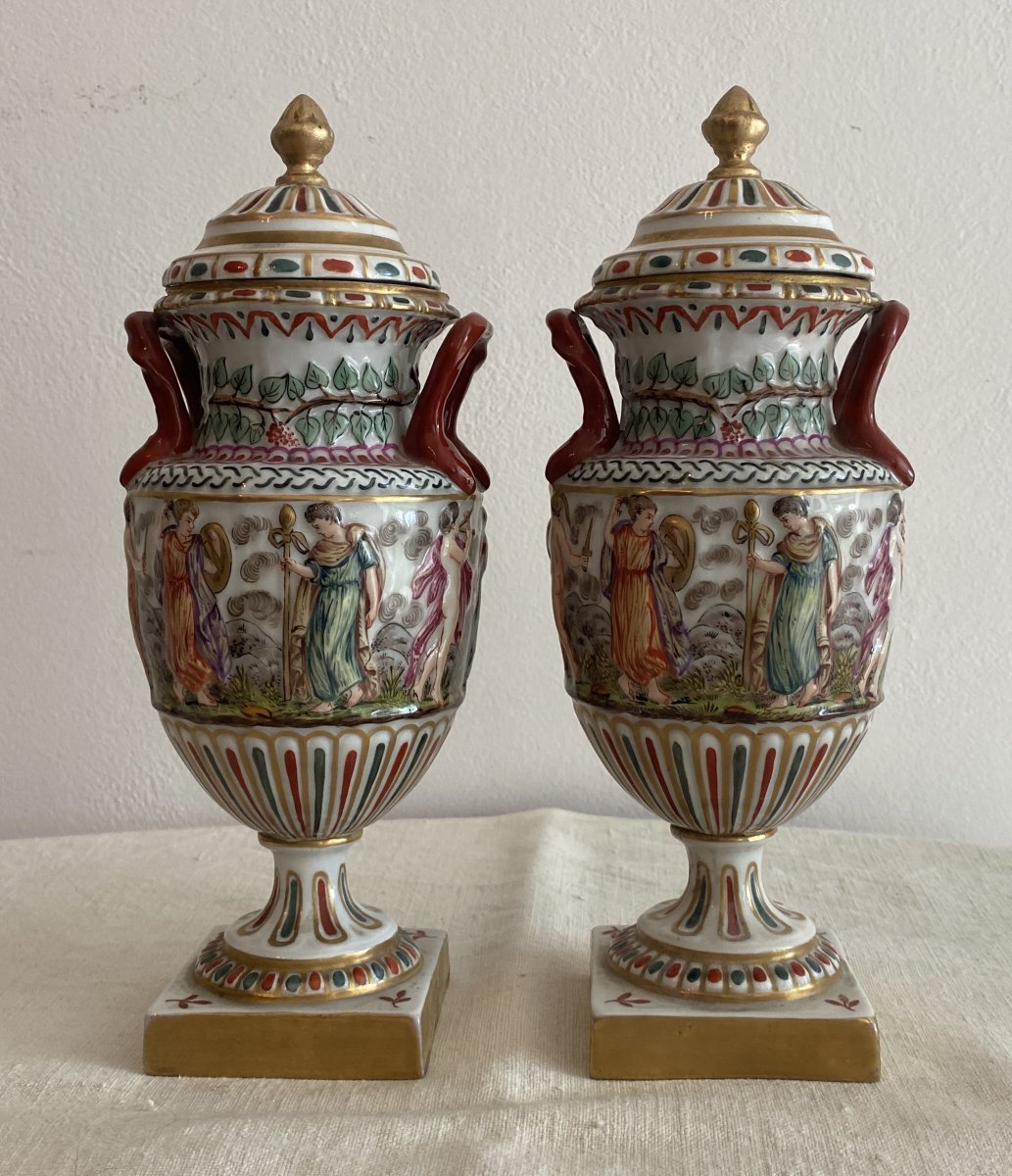 Pair Of Capo Di Monté Covered Vases With Roman Decor 19th C-photo-1