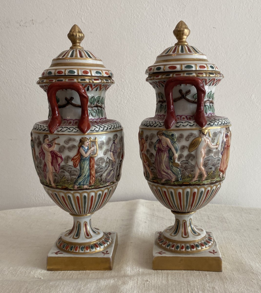 Pair Of Capo Di Monté Covered Vases With Roman Decor 19th C-photo-2