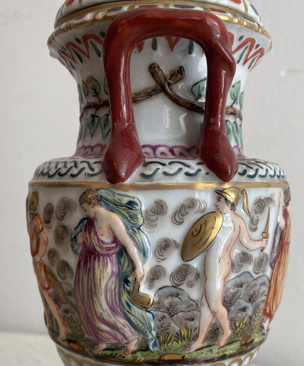 Pair Of Capo Di Monté Covered Vases With Roman Decor 19th C-photo-4