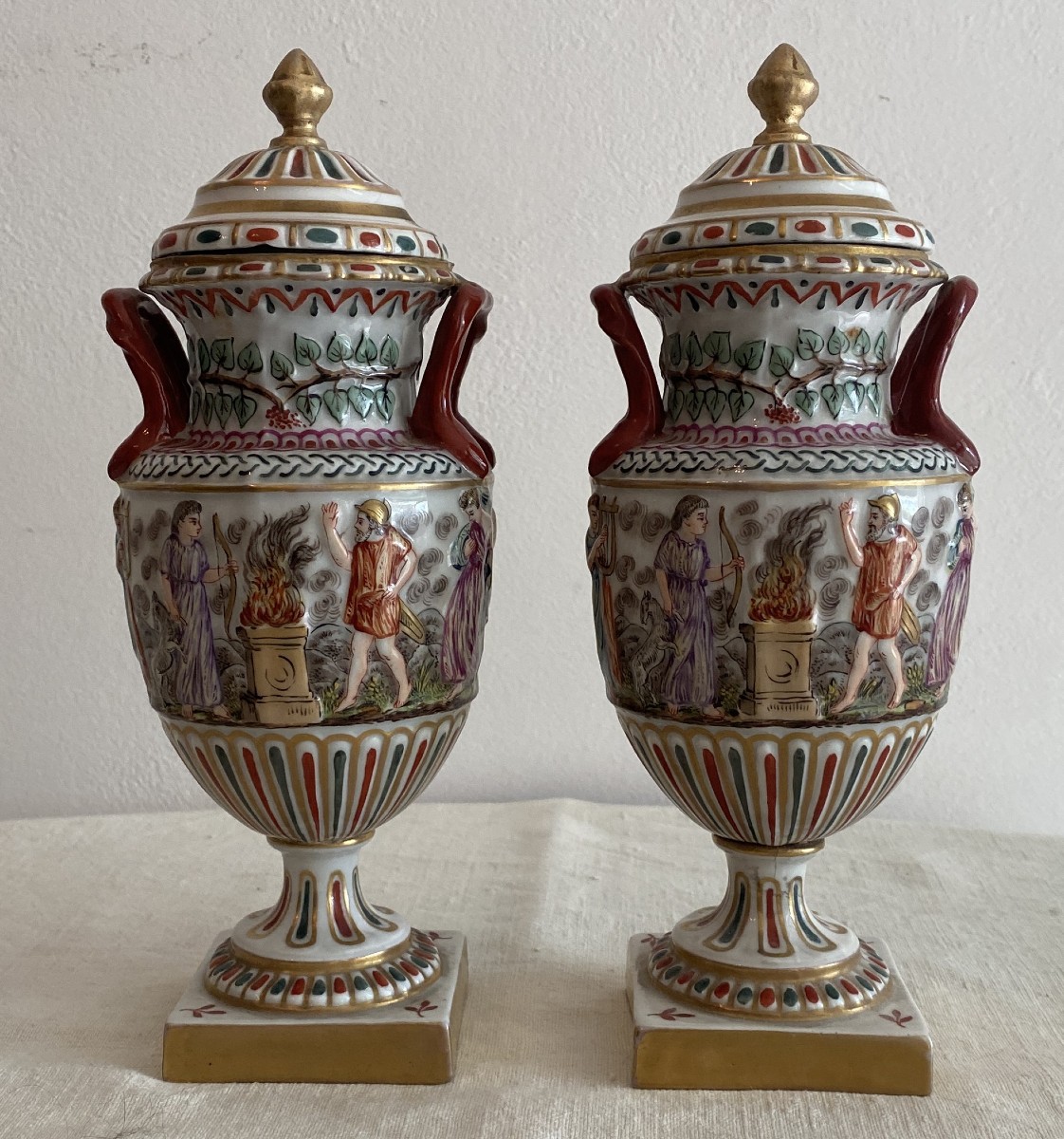 Pair Of Capo Di Monté Covered Vases With Roman Decor 19th C