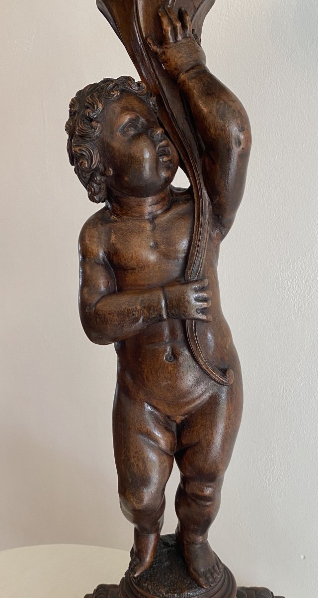 Sellette ou colonne Putti en bois de noyer sculpté XIX ème-photo-2