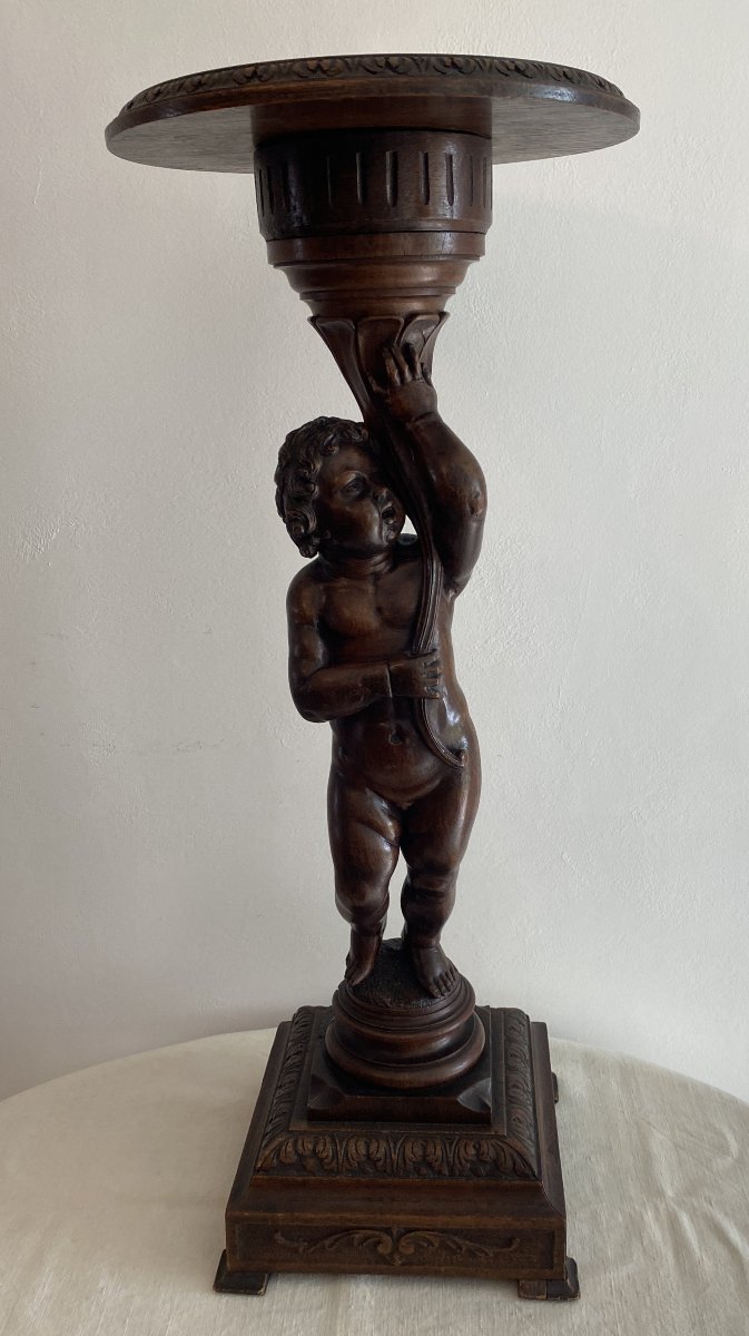 Sellette ou colonne Putti en bois de noyer sculpté XIX ème-photo-1