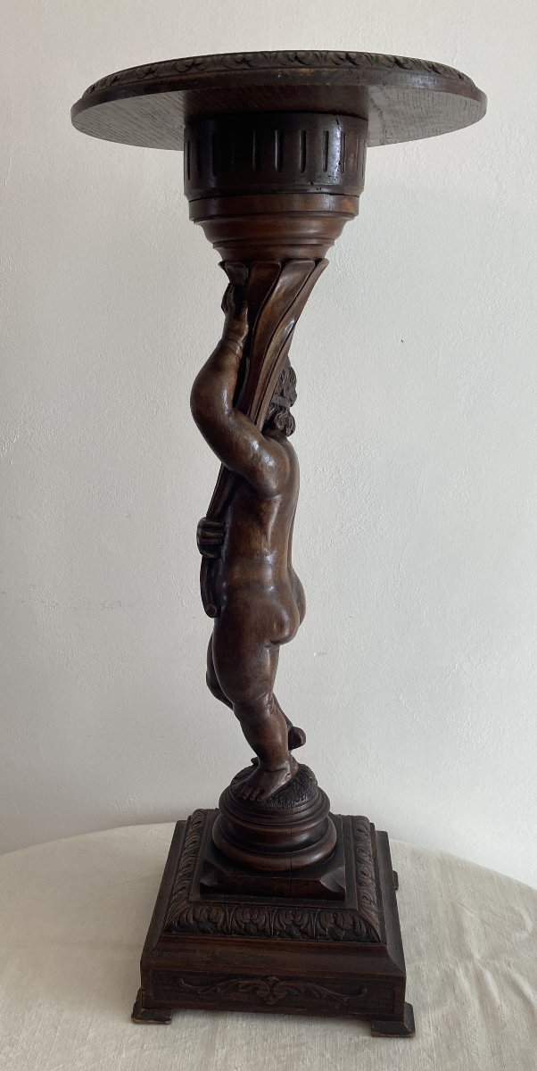 Sellette ou colonne Putti en bois de noyer sculpté XIX ème-photo-2