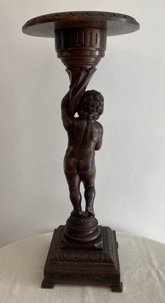 Sellette ou colonne Putti en bois de noyer sculpté XIX ème-photo-3