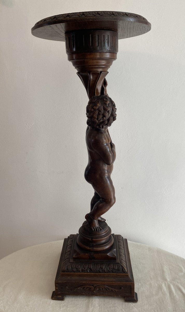 Sellette ou colonne Putti en bois de noyer sculpté XIX ème-photo-4