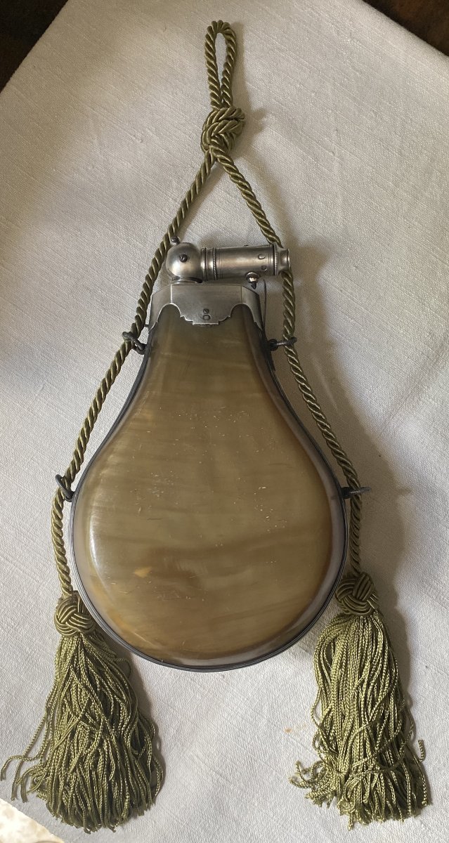 Grande poire à poudre en corne et argent XIX ème-photo-4