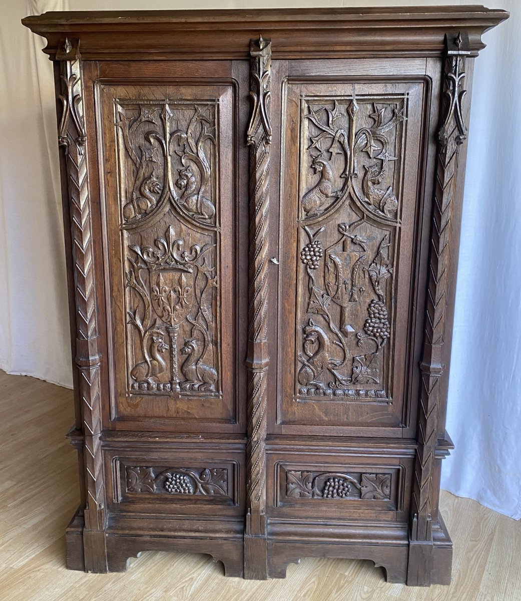 Gothic Oak Cabinet With Royal Coat Of Arms And Fleur-de-lis 19th C