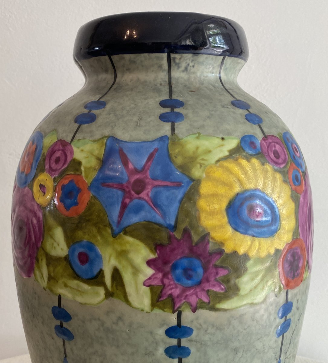 Large Art Deco Enamelled Vase With Flower Design Manufacture Amphora XX ème-photo-2
