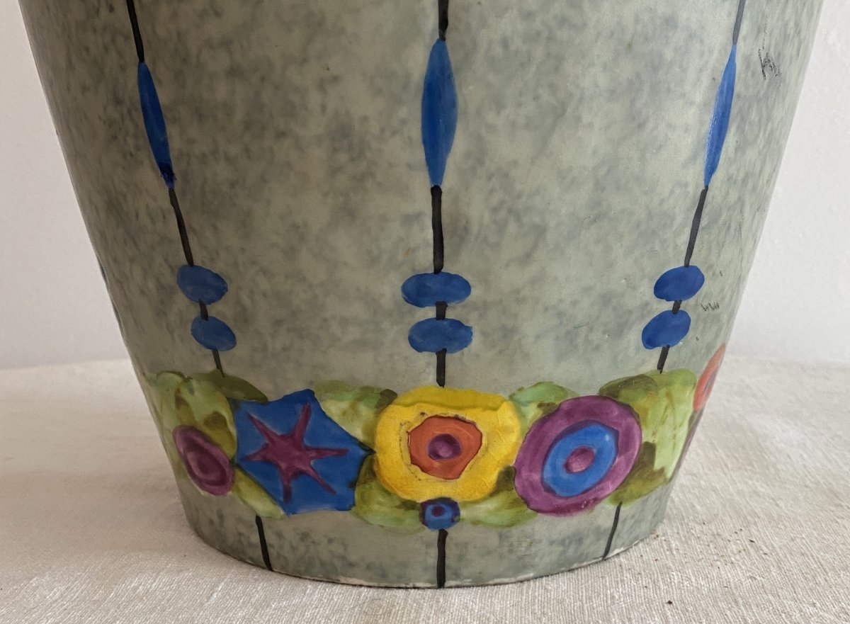 Large Art Deco Enamelled Vase With Flower Design Manufacture Amphora XX ème-photo-3