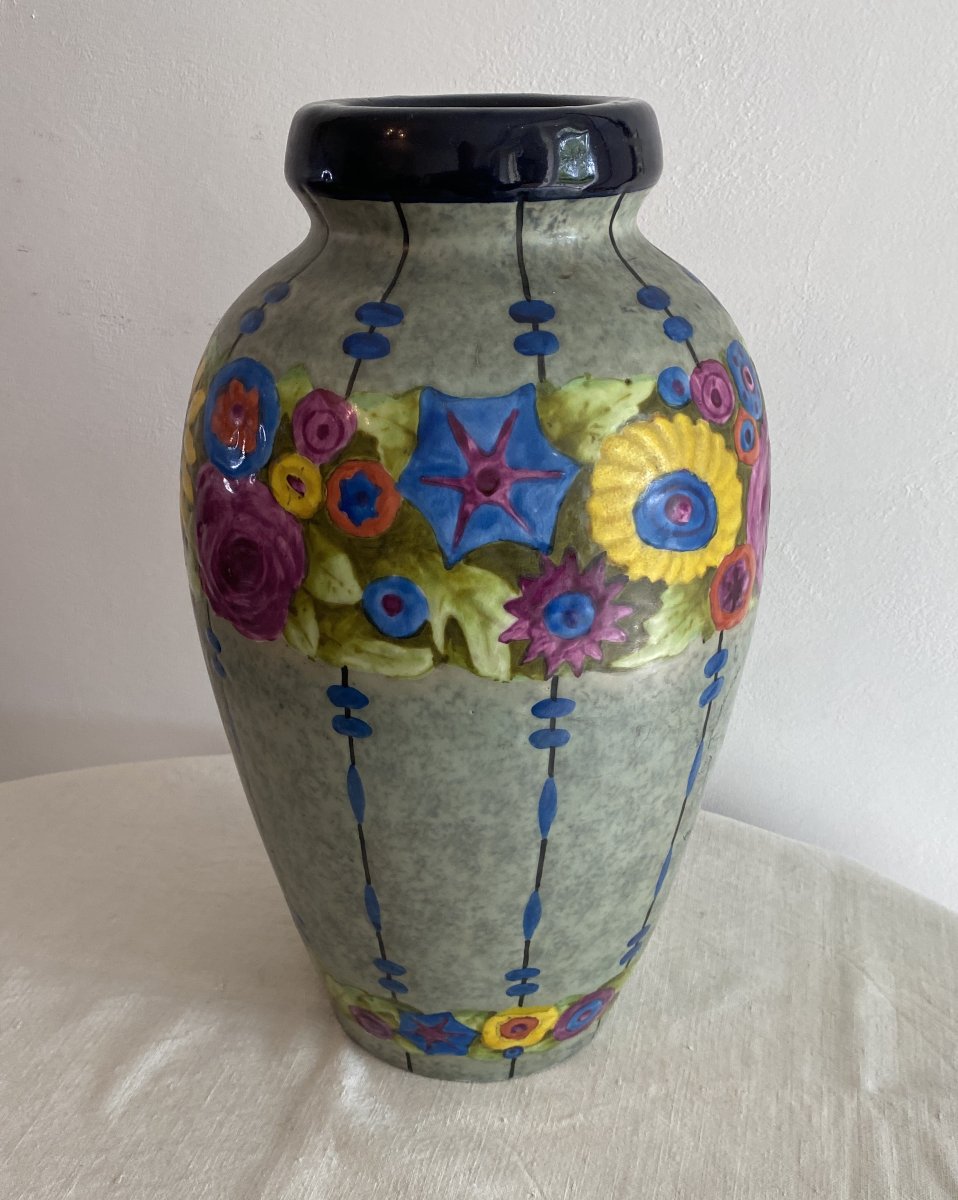 Large Art Deco Enamelled Vase With Flower Design Manufacture Amphora XX ème-photo-1