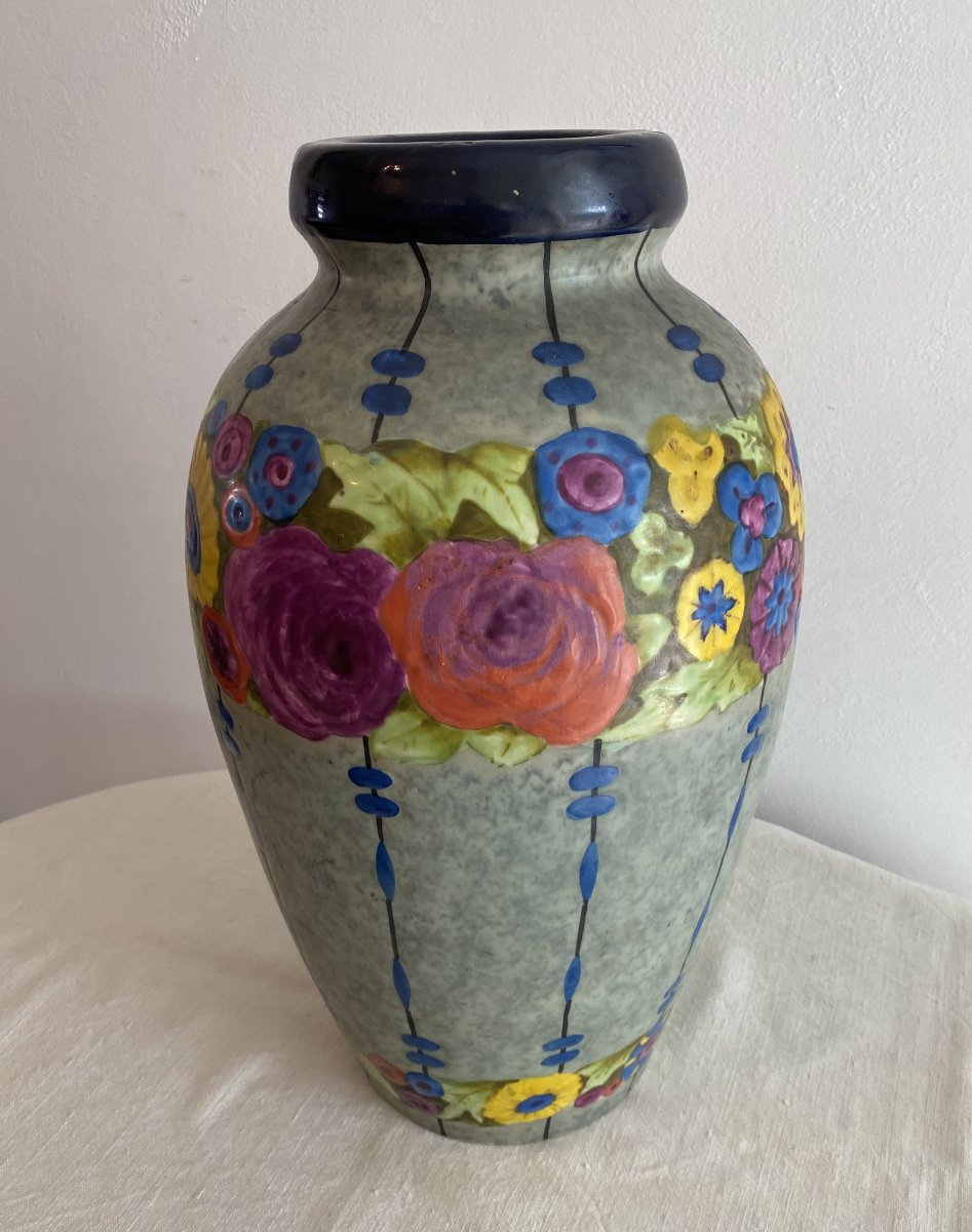 Large Art Deco Enamelled Vase With Flower Design Manufacture Amphora XX ème-photo-2