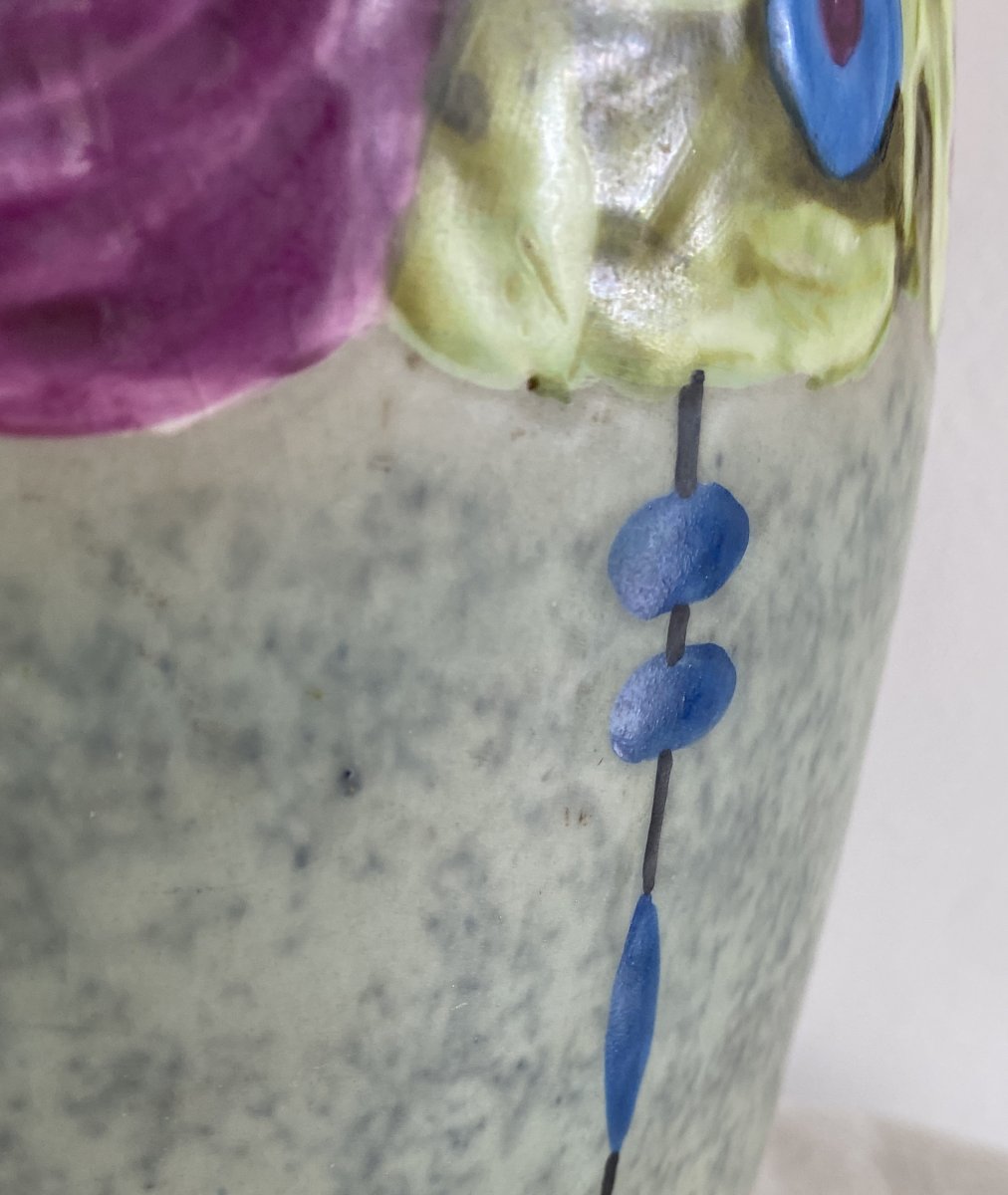 Large Art Deco Enamelled Vase With Flower Design Manufacture Amphora XX ème-photo-6