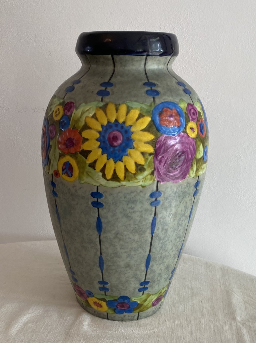 Large Art Deco Enamelled Vase With Flower Design Manufacture Amphora XX ème