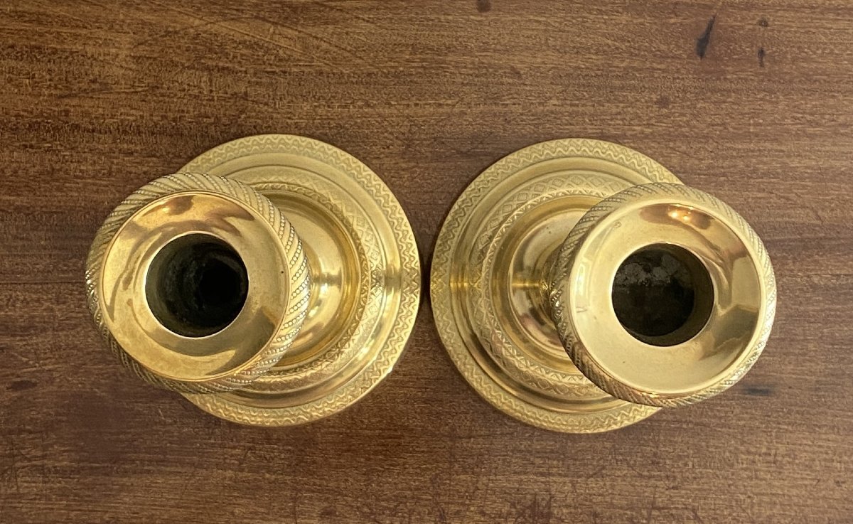 Pair Of Restoration Period 19th C. Chased Bronze Candlesticks-photo-3