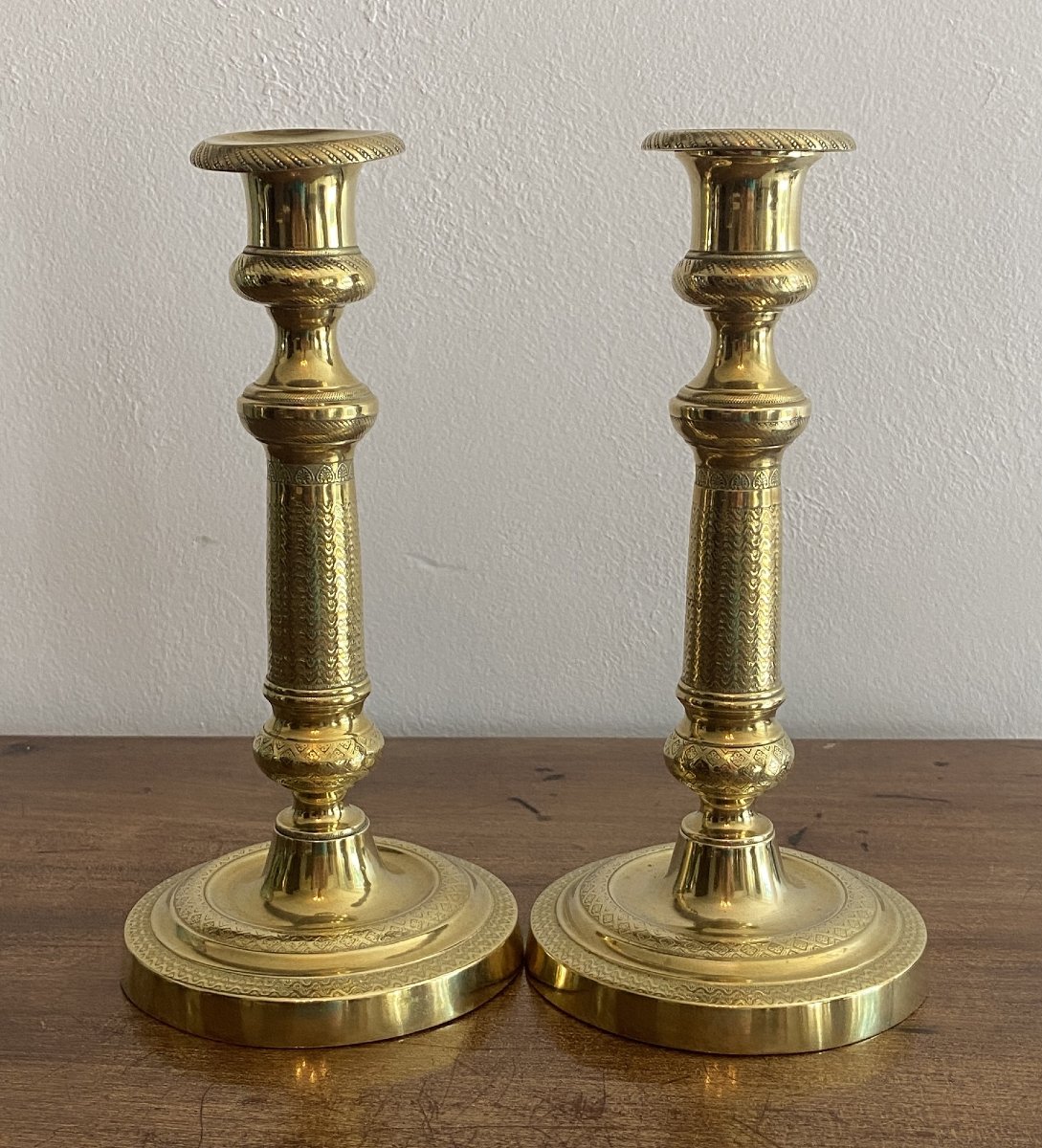 Pair Of Restoration Period 19th C. Chased Bronze Candlesticks