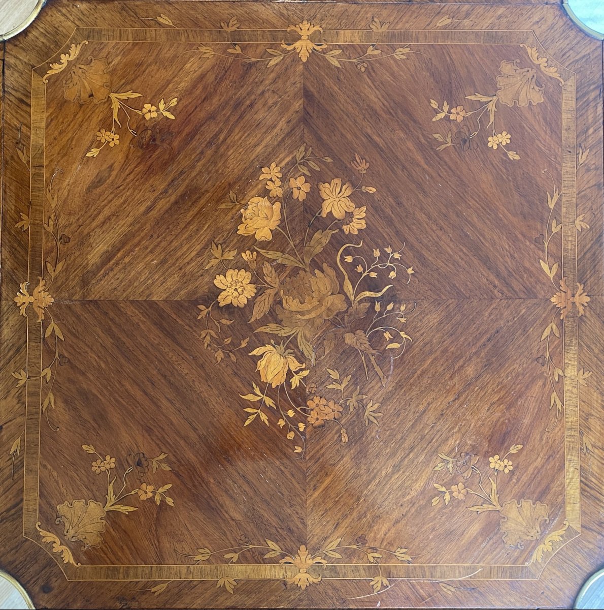 Table d'appoint à volets en palissandre à décor de marqueterie de fleurs et laiton XIX ème-photo-3