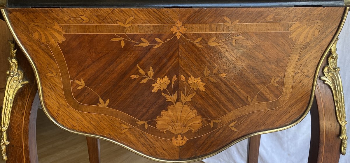 Table d'appoint à volets en palissandre à décor de marqueterie de fleurs et laiton XIX ème-photo-4