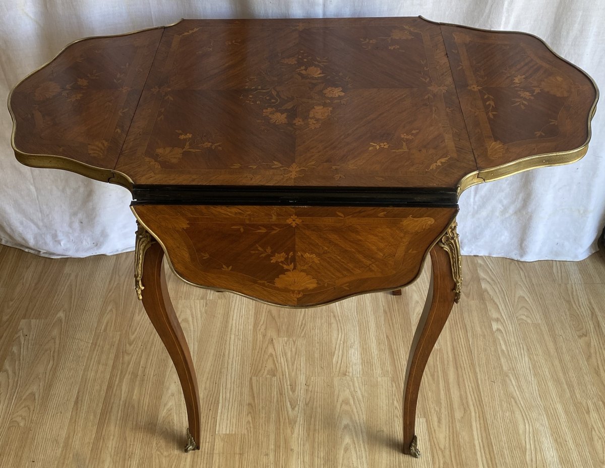 Table d'appoint à volets en palissandre à décor de marqueterie de fleurs et laiton XIX ème-photo-2
