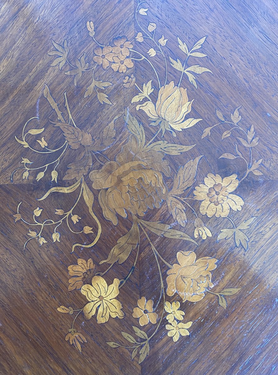 Table d'appoint à volets en palissandre à décor de marqueterie de fleurs et laiton XIX ème-photo-7