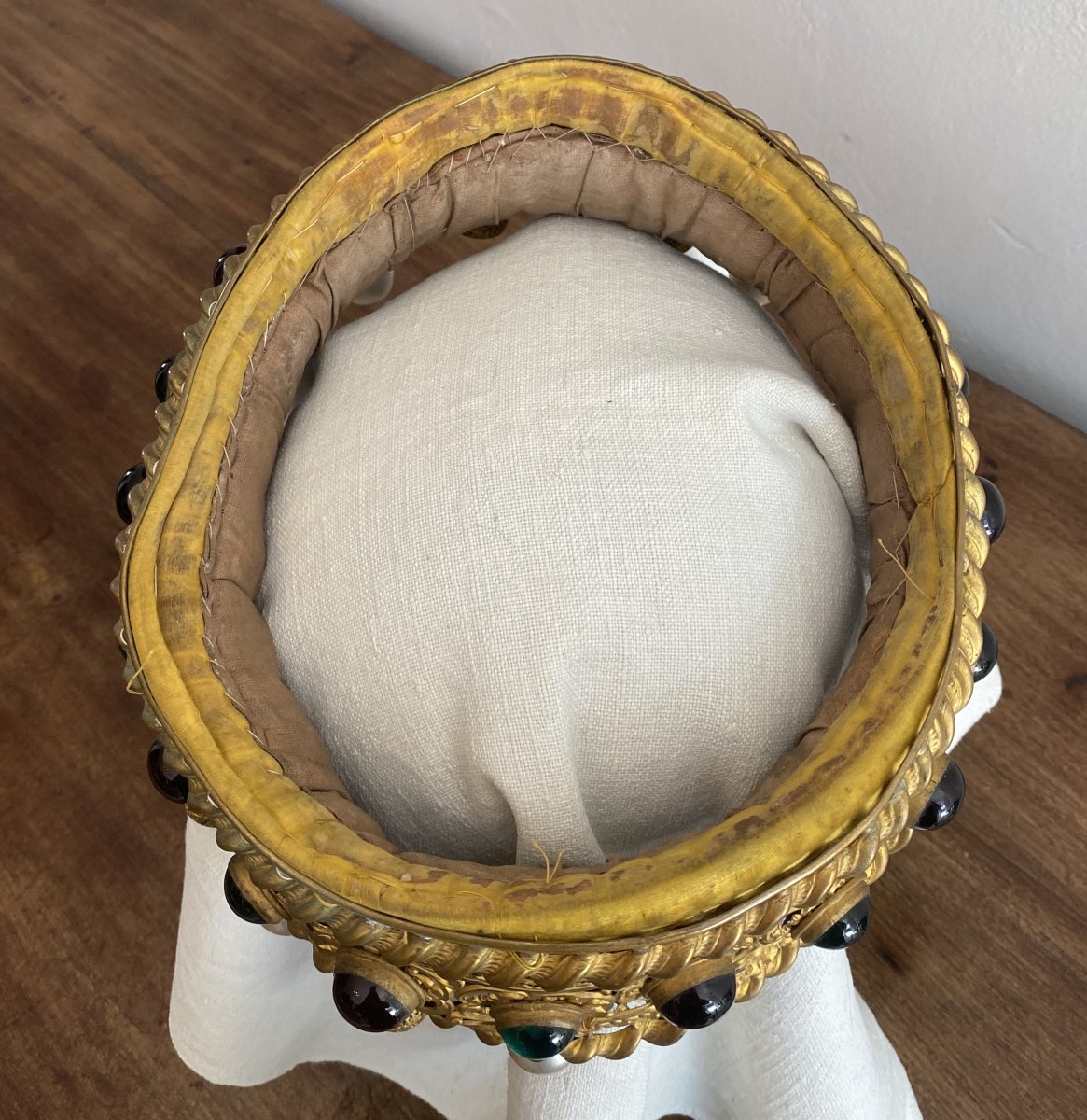 Antique Stage Crown Made Of Gilded Brass And Colorful Glass Beads-photo-1